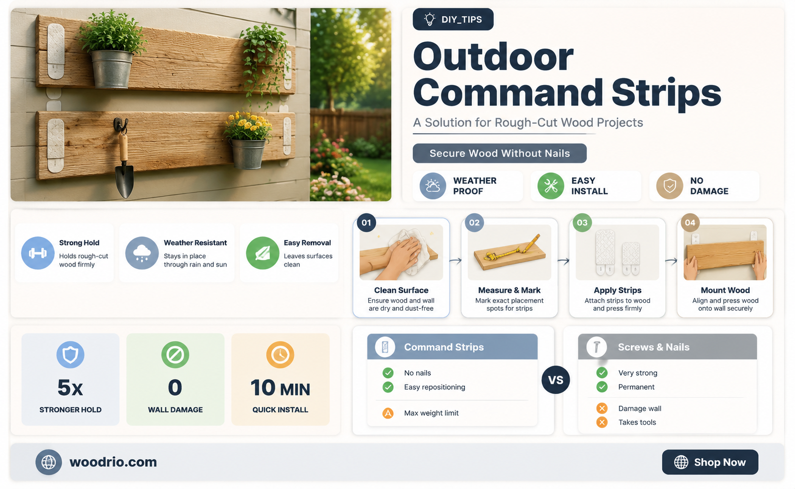 are there command strips for outside rough cut wood