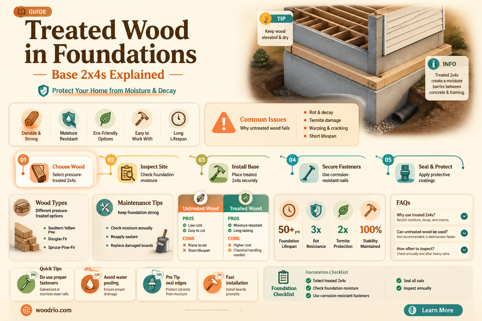 are base 2x4s in a house foundation treated wood