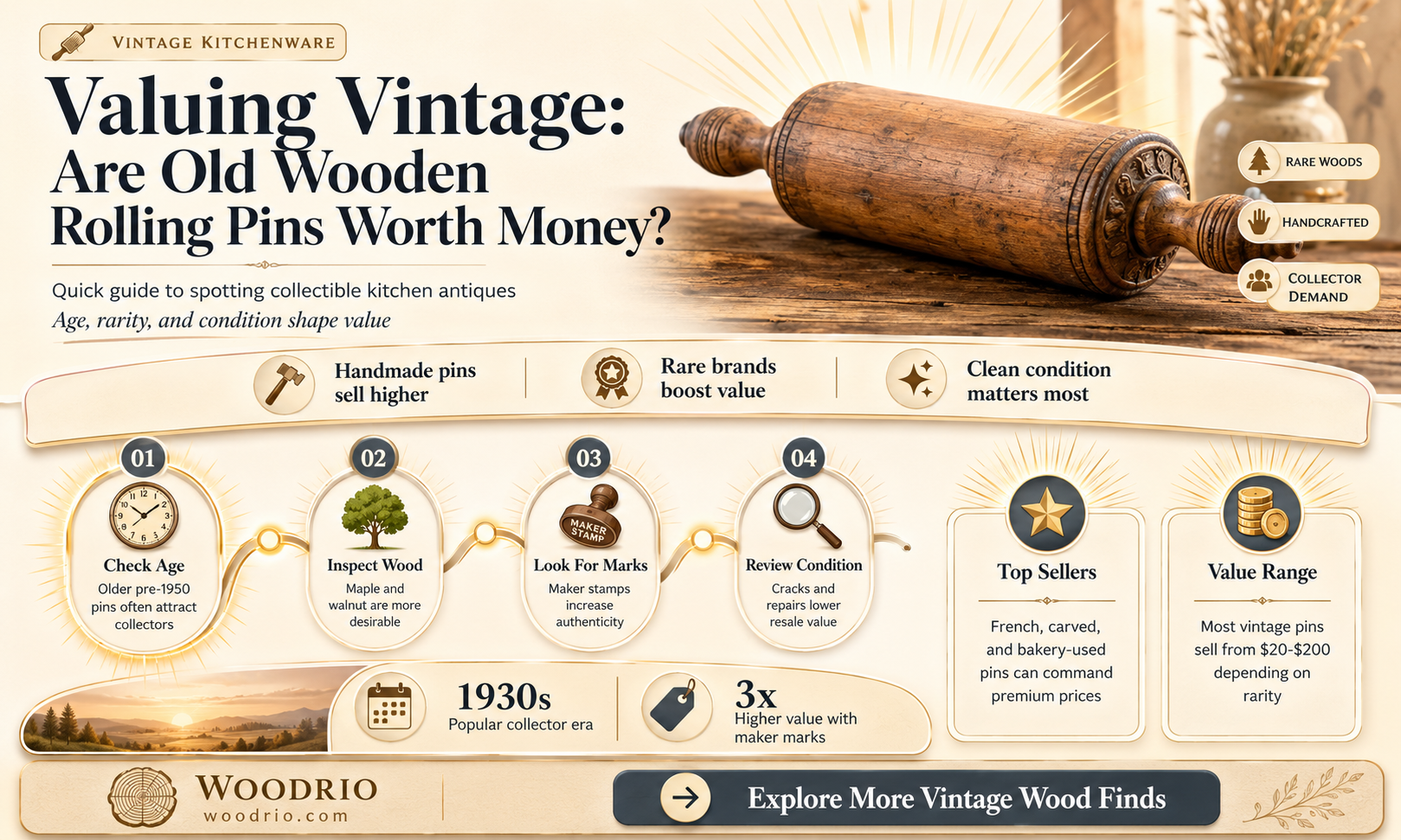 are one piece old wooden rolling pins worth any money